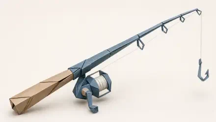 Low-poly fishing rod and fishing reel with dangling hook, rendered as 4K Ultra HD PC desktop wallpaper and background.