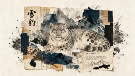 Snow leopard reclining amid ink-wash mountains and collage elements — detailed 4K Ultra HD PC desktop wallpaper background with Asian brushwork and mountain illustration.