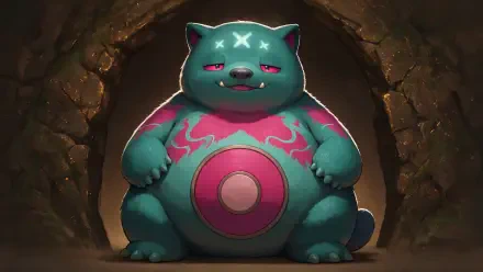 4K Ultra HD PC desktop wallpaper of a chubby teal-and-pink cartoon monster with a round belly, sleepy eyes and tribal markings, standing inside a dim, rocky cave entrance.