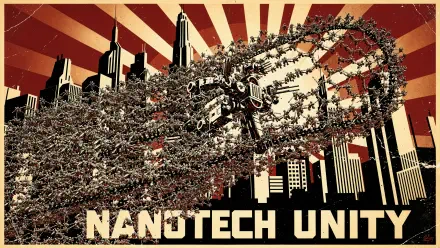 4K Ultra HD PC desktop wallpaper and background: futuristic cityscape skyline with a massive nanotech swarm forming a ring above skyscrapers, retro 'NANOTECH UNITY' banner.