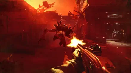 HD PC desktop wallpaper from the video game Alien Deathstorm: first-person gunfire at a towering alien monster amid a fiery urban battlefield.