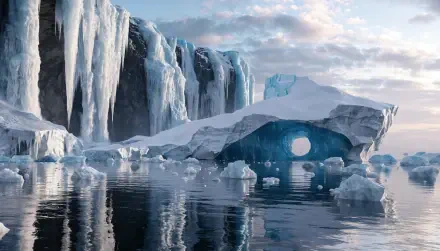 4K Ultra HD PC desktop wallpaper: iceberg and glacier ice formations with an arched ice cave reflected in calm polar waters beneath a soft pastel sky.