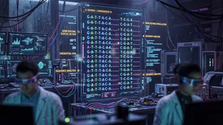 5K UHD desktop wallpaper of a high-tech data center lab: servers and monitors display genetic code on a central computer screen amid cables and technicians.
