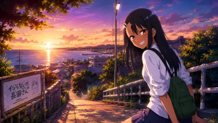 Hayase Nagatoro smiling over her shoulder on coastal stairs at golden sunset, vibrant colors and detailed 5K Ultra HD PC desktop wallpaper background.