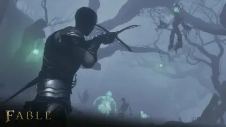 Fable (2027) HD PC desktop wallpaper: an archer draws his bow in a foggy, lantern-lit grove, aiming at ghostly figures beneath twisted trees — video game Fable scene.