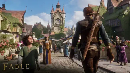 Fable (2027) video game HD PC desktop wallpaper: a sword-armed hero strides through a bustling village square toward a clock tower as townsfolk and a child look on beneath a bright sky.