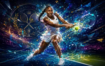 4K Ultra HD PC desktop wallpaper of a female tennis player driving a backhand through neon shards, dynamic sports action with trophy emblems and court elements.