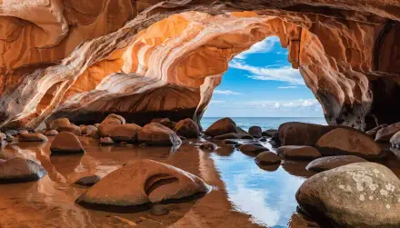 Ocre-hued coastal cave arch with smooth boulders and reflective tidal pool, 4K Ultra HD PC desktop wallpaper background.