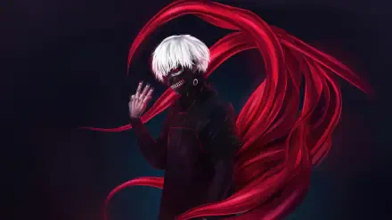 Ken Kaneki anime 4K Ultra HD wallpaper: white-haired, masked figure with flowing red kagune tendrils swirling against a dark, moody background for a PC desktop.