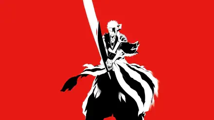 Bleach: Thousand-Year Blood War 4K Ultra HD PC desktop wallpaper — stark black-and-white silhouette of Ichigo wielding a long sword against a bold red background.