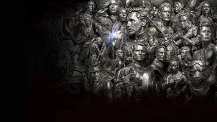 Avengers EndGame 4K Ultra HD PC desktop wallpaper — sculpted grayscale collage of Avengers heroes clustered around a glowing Infinity Gauntlet set against a dark, dramatic background.