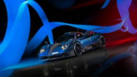 Blue Pagani Zonda racing car on a reflective floor, bathed in dynamic blue and red light ribbons — 4K Ultra HD PC desktop wallpaper and background.