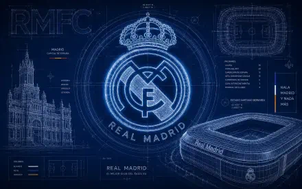 Blueprint-style 4K Ultra HD PC desktop wallpaper of Real Madrid C.F. crest, stadium and city landmarks in neon-blue soccer sports schematic.