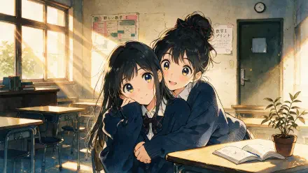 2K Quad HD PC desktop wallpaper — anime school aesthetic: two schoolgirls in navy uniforms hug at a sunlit classroom desk, open book on the table.