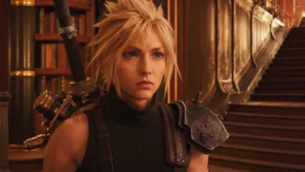 Cloud Strife close-up in armor on an ornate staircase, cinematic lighting — Final Fantasy VII Rebirth 4K Ultra HD PC wallpaper