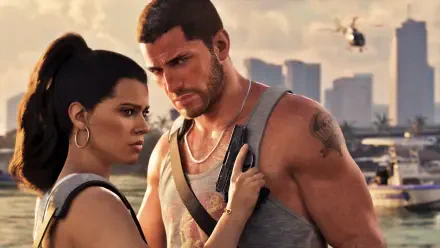 4K Ultra HD PC wallpaper from Grand Theft Auto VI video game featuring Jason and Lucia standing on a sunlit waterfront, tense and armed with helicopters and a city skyline behind them.