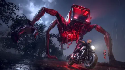 Once Human video game 4K Ultra HD PC desktop wallpaper/background — motorcyclist faces a glowing red mechanical spider in a stormy, moonlit night.
