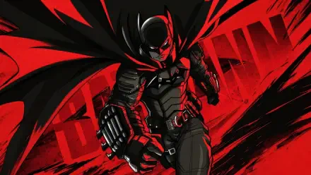 Batman in red-and-black digital art, armored with cape billowing—dynamic 4K Ultra HD PC desktop wallpaper/background featuring the iconic superhero.