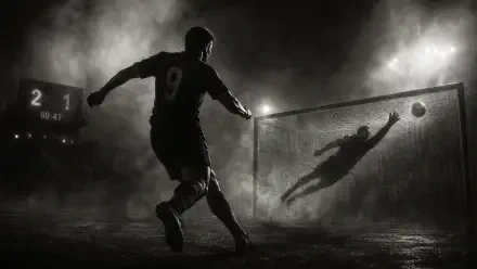 4K Ultra HD PC desktop wallpaper: dramatic black-and-white soccer scene — player (#9) shoots, ball arcs toward goal as goalkeeper dives, scoreboard glowing 2-1.