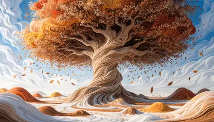 4K Ultra HD PC desktop wallpaper: majestic autumn tree with a twisted trunk and swirling orange fall leaves over an undulating, wind-swept landscape.