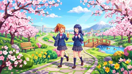 5K Ultra HD PC desktop anime wallpaper: two cheerful schoolgirls in uniforms walking under cherry blossoms through a vibrant spring campus park with benches, pond, and distant mountain.