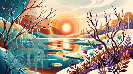 February 2027 calendar 5K Ultra HD PC desktop wallpaper: stylized winter river landscape at sunrise with icy banks, floating ice, and colorful winter foliage.