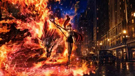Rhapsody in Scarlet — a scarlet-clad woman raises a staff as a fiery dragon erupts beside her on a rain-slick neon city street. 4K Ultra HD PC desktop wallpaper and background.