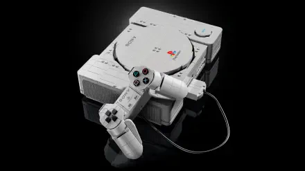 4K Ultra HD PC desktop wallpaper showing a LEGO-style PlayStation console with a wired controller on a black reflective background.