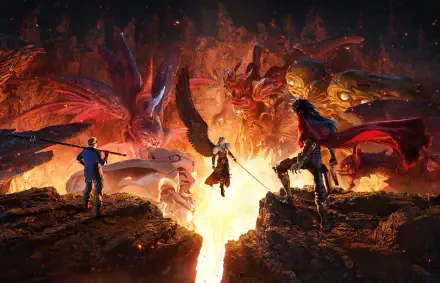 Video game 4K Ultra HD PC desktop wallpaper: Final Fantasy's Sephiroth, Vincent Valentine and Cid Highwind clash with a colossal fiery dragon above a molten chasm.
