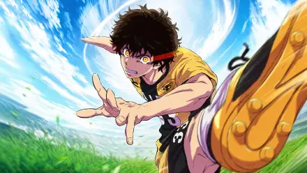 Ao Ashi — Ashito Aoi, anime boy mid-kick in a dynamic 4K Ultra HD PC desktop wallpaper with swirling sky and grassy field.