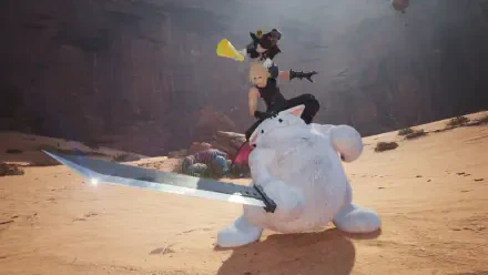 4K Ultra HD PC desktop wallpaper of Final Fantasy VII: Cloud Strife perched on Cait Sith’s plush body, giant sword drawn against a sunlit desert backdrop.