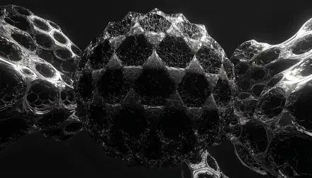 Black aesthetic abstract 4K desktop wallpaper showing a glossy geometric sphere with tessellated triangular facets connected to organic lattice forms against a dark background.
