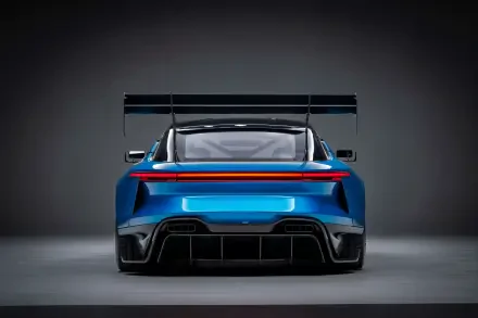 Rear view of a blue Jensen Interceptor GTX sports car with an oversized spoiler (Spoiler, DC Comics), rendered as a 4K Ultra HD PC desktop wallpaper.