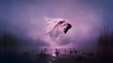4K Ultra HD PC desktop wallpaper: Jennie as a spectral fallen angel — a ghostly woman spirit hovering above misty water with swans against a purple-pink atmospheric background.