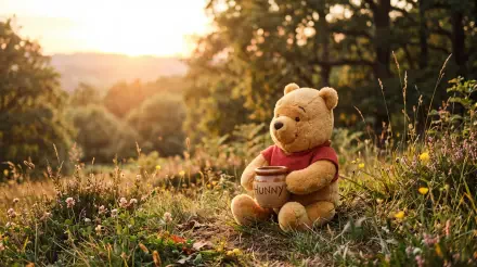 Winnie the Pooh plush teddy bear sits in a sunlit meadow clutching a honey pot, 5K Ultra HD PC desktop wallpaper background.