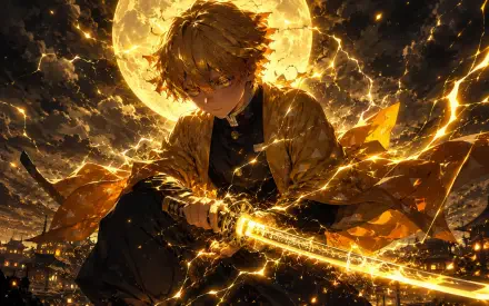 Zenitsu Agatsuma (Anime) 4K Ultra HD PC desktop wallpaper: crouched beneath a full moon, glowing golden lightning envelops his haori and katana over a night cityscape.
