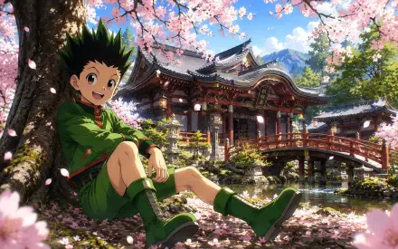 Gon Freecss from Hunter x Hunter sitting beneath cherry blossoms beside a traditional shrine, colorful 4K Ultra HD PC desktop wallpaper background.