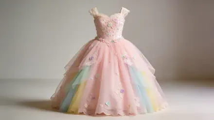 4K Ultra HD PC wallpaper of a pastel pink princess gown with rainbow tulle panels, delicate floral appliqués and a full ball‑skirt silhouette background.