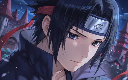 Sasuke Uchiha from Naruto, close-up moody portrait with Konoha headband, red ribbon and night village lights — 4K Ultra HD PC desktop wallpaper.