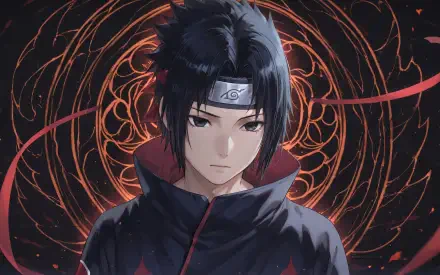 Sasuke Uchiha (Naruto) in a dark cloak with a radiant red Sharingan mandala behind him — 4K Ultra HD PC desktop wallpaper and background.
