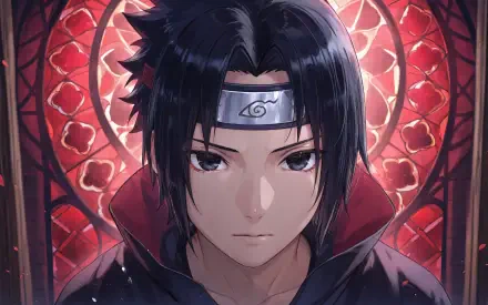 4K Ultra HD PC wallpaper of Sasuke Uchiha (Naruto): stoic close-up with dark hair and forehead protector set against an ornate red circular stained-glass background.