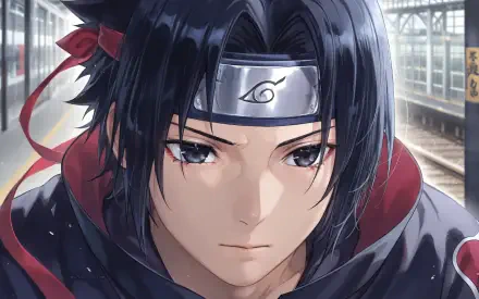 4K Ultra HD PC desktop wallpaper of Sasuke Uchiha (Naruto): close-up portrait with headband and dark cloak, intense gaze on a misty train platform background.
