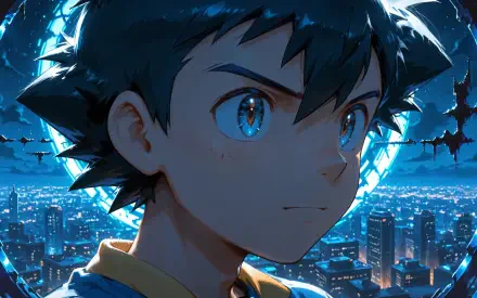 Anime portrait of Ash Ketchum looking over a glowing night city; blue 4K Ultra HD PC desktop wallpaper, high-detail Pokémon fan art.