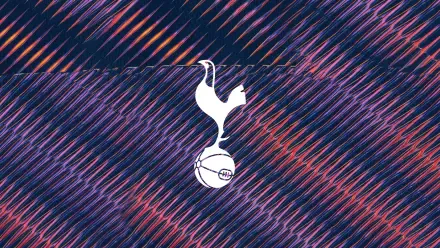 Tottenham Hotspur F.C. white cockerel logo centered on vibrant diagonal purple and pink stripes, 2K Quad HD PC desktop wallpaper.