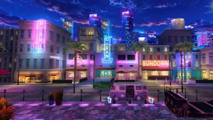 4K Ultra HD PC desktop wallpaper: retro Miami street at night, neon signs and palm trees lining a vintage van-strewn boulevard beneath a glowing skyline.