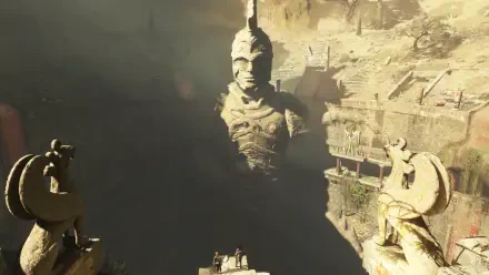 Resonance: A Plague Tale Legacy 2K Quad HD PC wallpaper — a towering armored statue emerges from a dark chasm amid cliffside medieval structures and stone guardians.