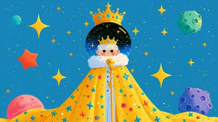 Fantasy prince-king wearing a golden crown and starry royal cloak, set against colorful planets and sparkling stars — 2K Quad HD PC desktop wallpaper background.