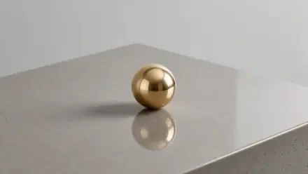 Clean 2K Quad HD PC desktop wallpaper: a reflective gold sphere on a smooth gray surface casting a crisp reflection.