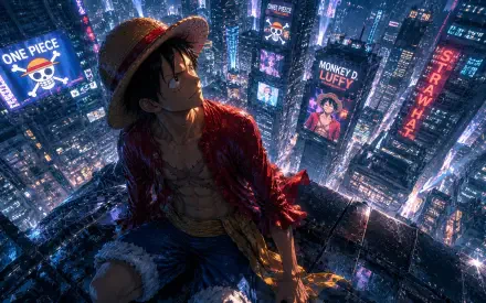 Monkey D. Luffy from One Piece sits on a neon-lit rooftop overlooking a sprawling cyber city at night — 4K Ultra HD PC desktop wallpaper background.