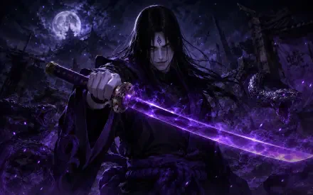 Orochimaru (Naruto) in a dark, moonlit scene wielding a glowing purple sword; 4K Ultra HD anime PC desktop wallpaper with ominous, snake-like shadows and swirling energy.